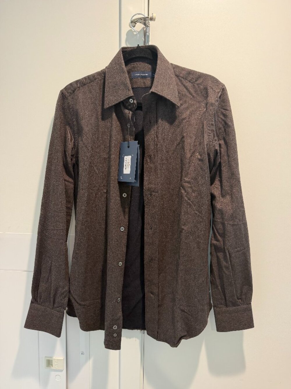 Thom Sweeney Lecce Flannel Point Collar Shirt Dark Brown Mens 15 Slim NWT